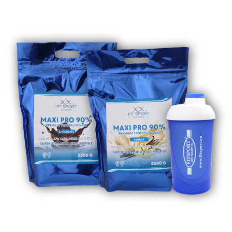 2x Maxi Pro 90% 2500g + Fitsport Shaker - weiße Schokolade Kokosnuss