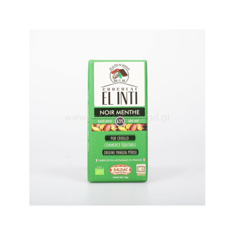 Dunkle Schokolade 63 % Schokolade mit Minze (Öl + Blatt) Bio – 100 g